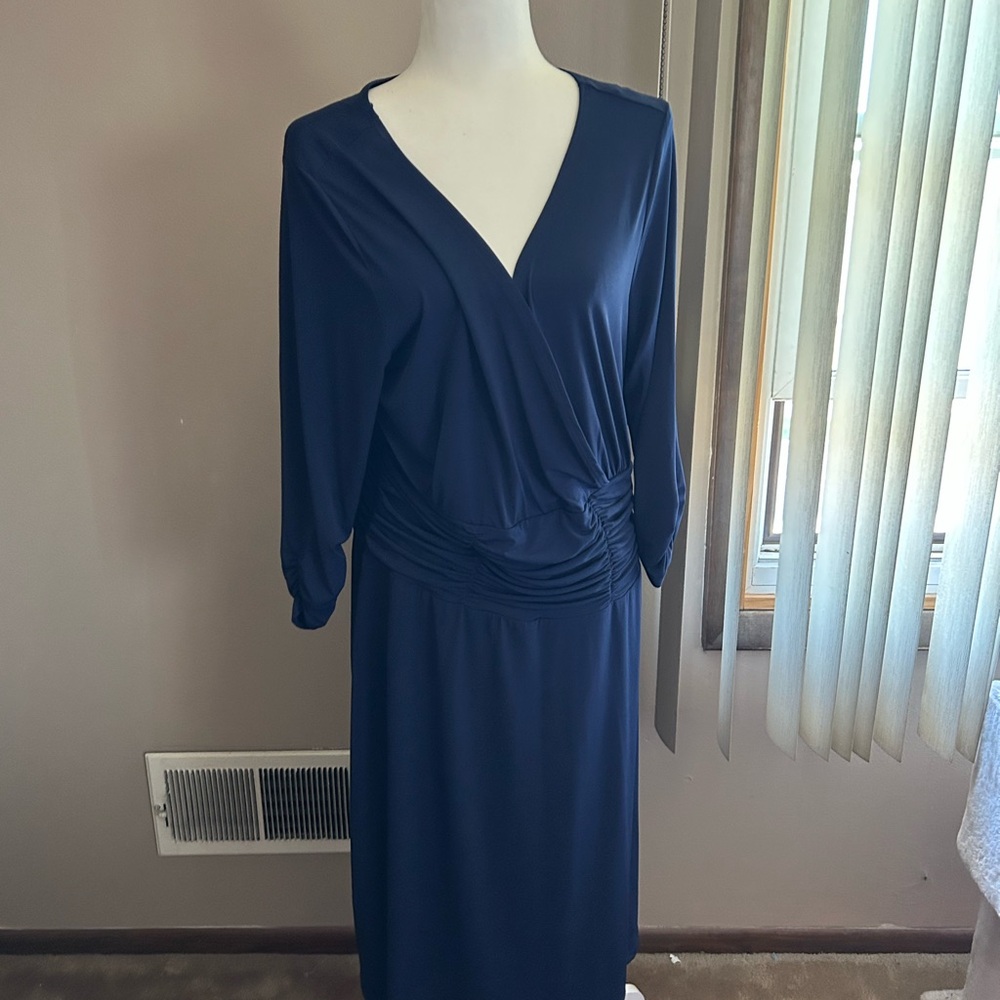 NY Collection Blue Ruched Wrap Dress with Dolman Sleeves
